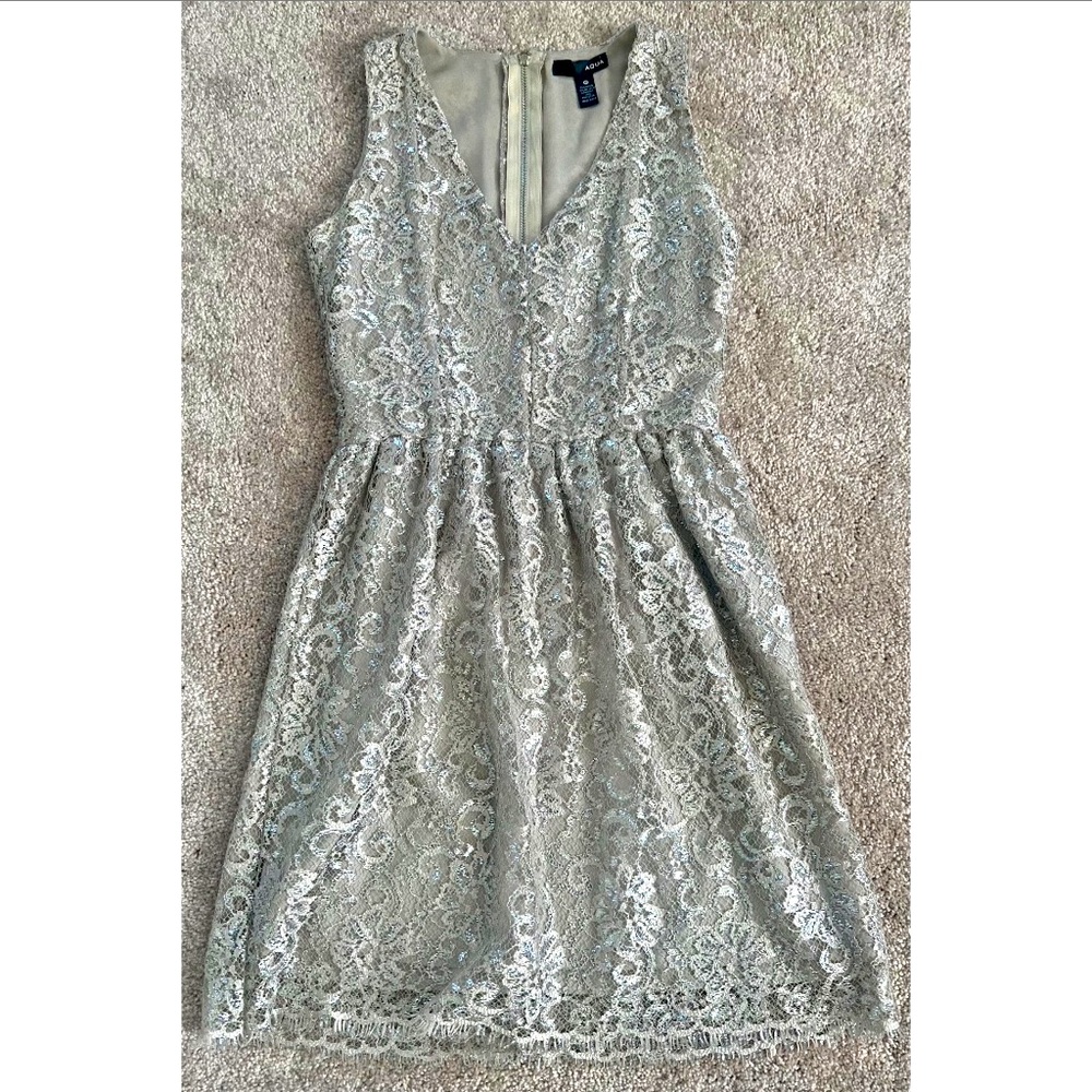 Aqua cocktail dress in a metallic gold/silver lace fabric